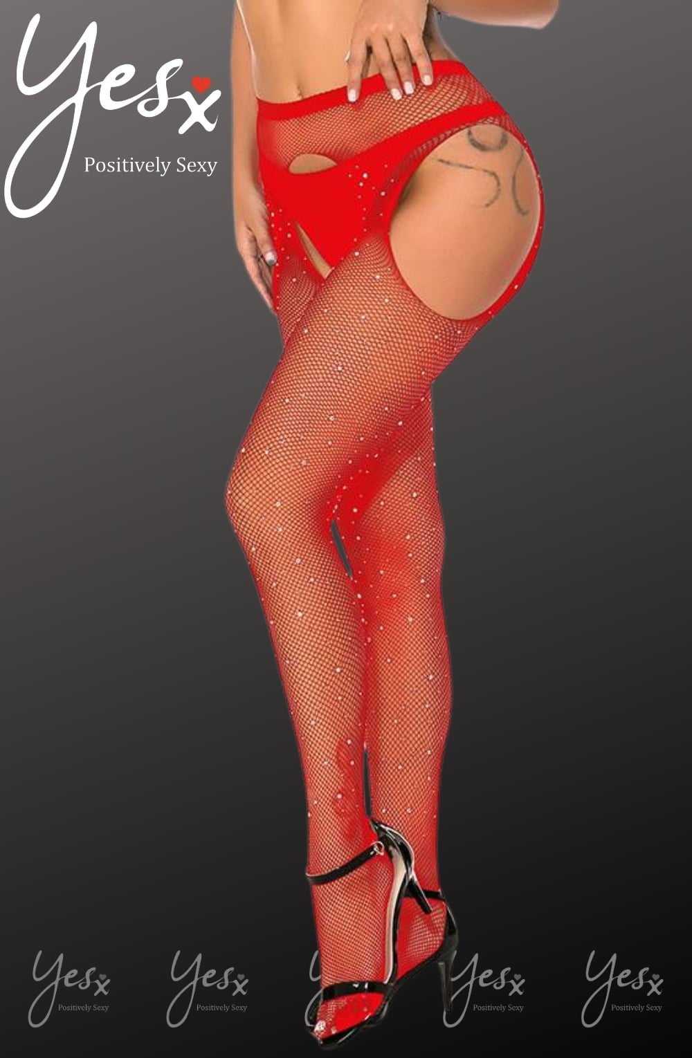 Sparkly red fishnet stockings from YesX in a provocative pose, highlighting their alluring and seductive design.