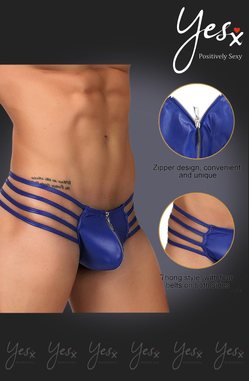YesX YX972 Men's Thong Blue with Front Zip & Strappy Sides - Comfortable & Stylish Underwear for Men