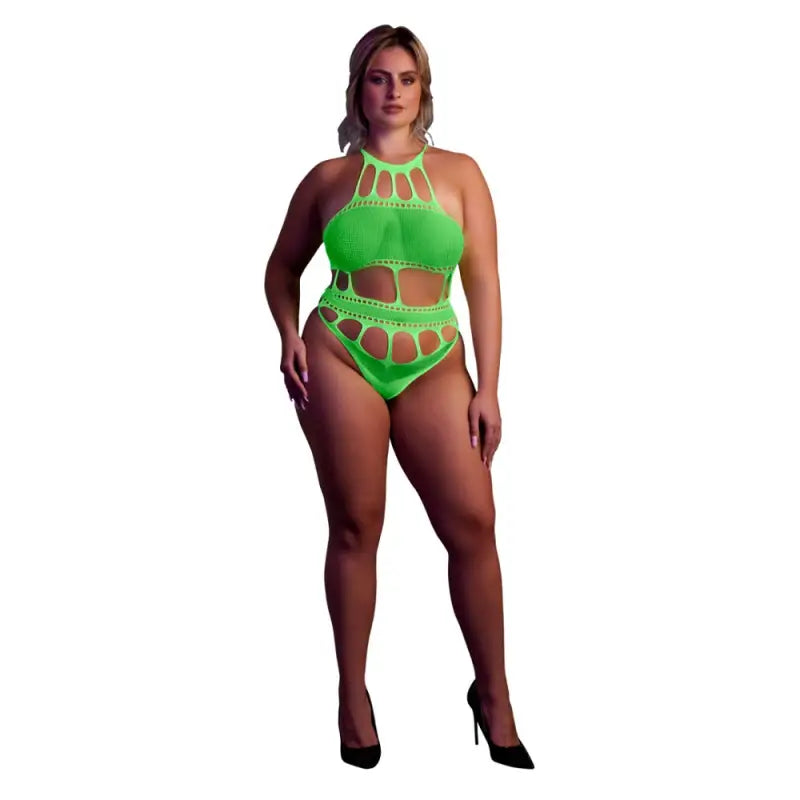 Cut Out Thong Bodysuit Neon Green Plus Size - Sexy Lingerie