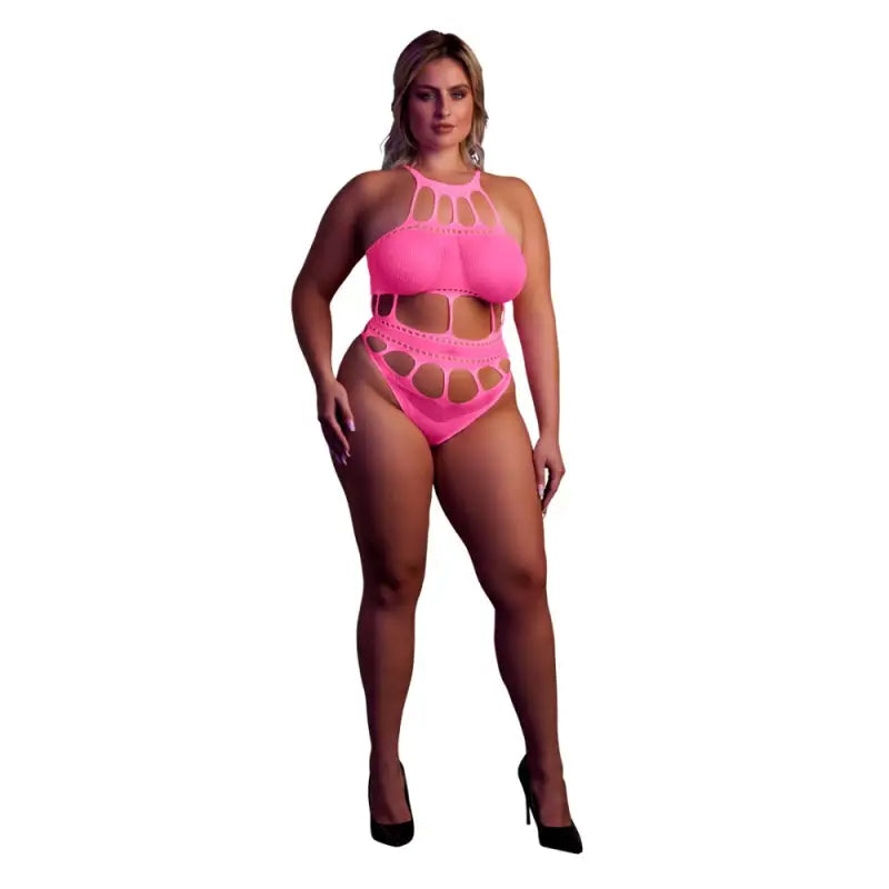 Cut Out Thong Bodysuit Neon Pink Plus Size - Sexy Lingerie