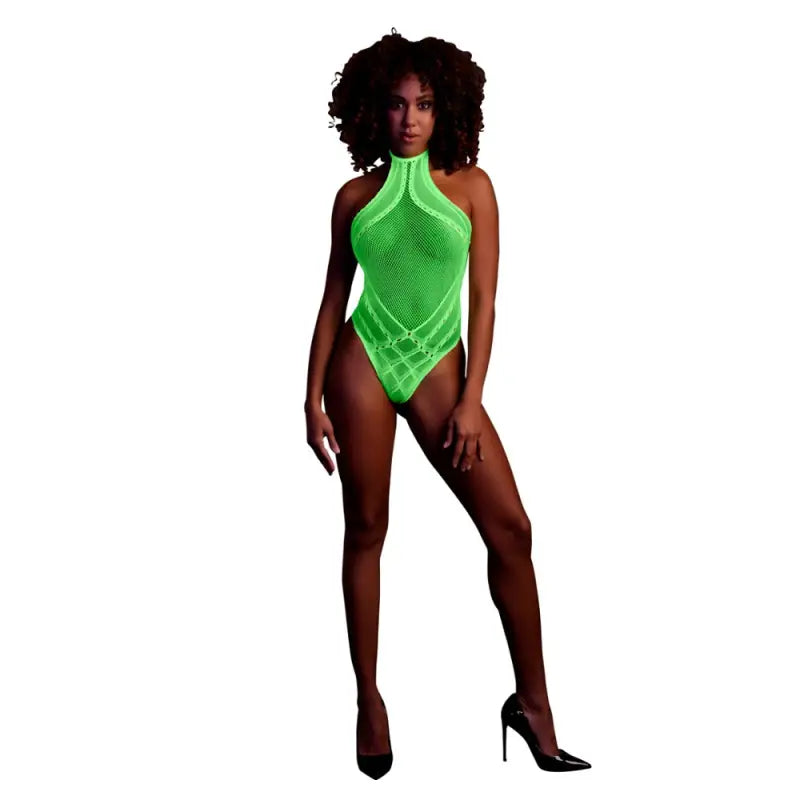 Halter Tie Neck Bodysuit Neon Green One Size - Sexy Lingerie