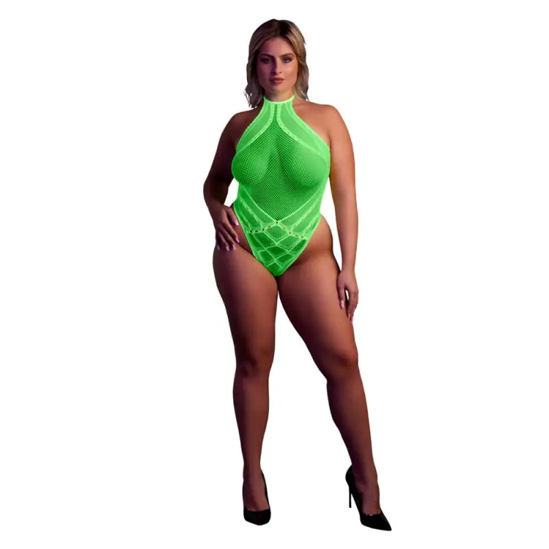 Halter Tie Neck Bodysuit Neon Green Plus Size - Sexy Lingerie