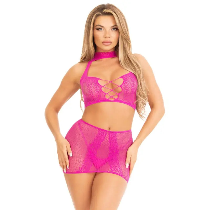 Leg Avenue Halter Crop Top and Mini Skirt Pink Sexy Lingerie