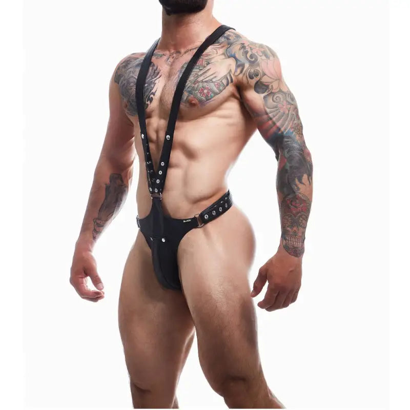 C4M Dungeon Black Leatherette Full Body Harness One Size - Sexy Lingerie
