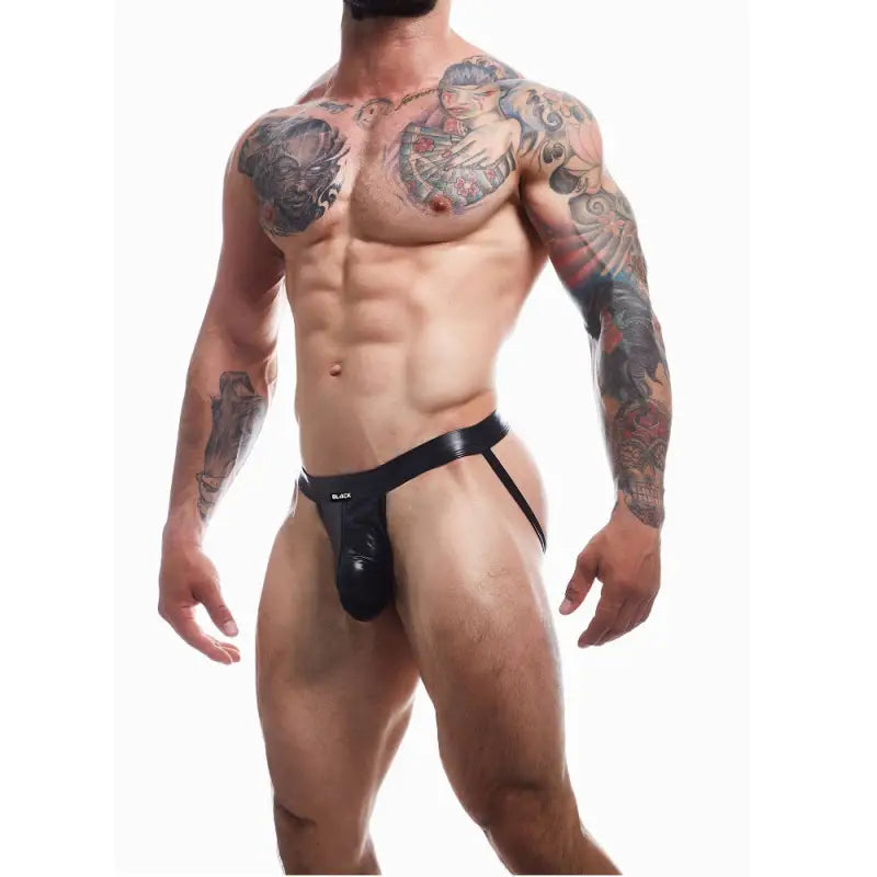 C4M Ergonomic Black Leatherette Jockstrap - Extra Large - Sexy Lingerie