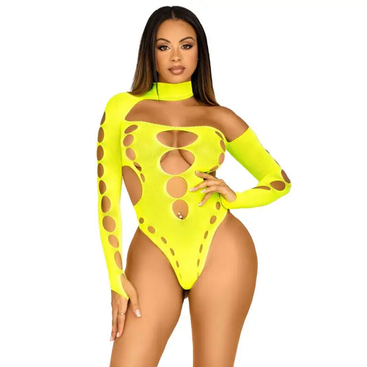 Leg Avenue Cut Out Bodysuit with Thong Neon Yellow - Sexy Lingerie