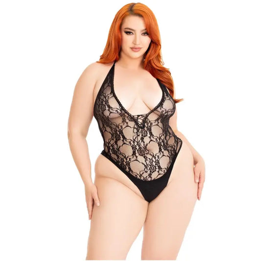 Leg Avenue Floral Lace Deep-V Teddy Plus Size - Sexy Lingerie