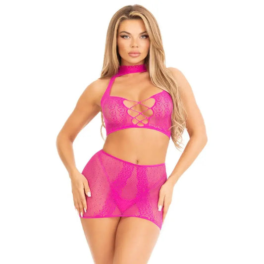 Leg Avenue Halter Crop Top and Mini Skirt Pink Sexy Lingerie