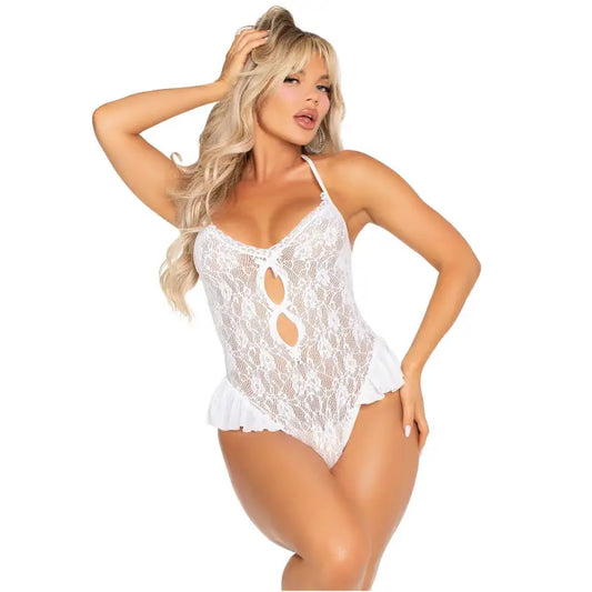 Leg Avenue Lace Teddy with Bow and Ruffles White Sexy Lingerie
