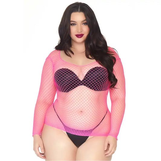 Leg Avenue Long Sleeved Industrial Net Top Neon Pink Plus Size - Sexy Lingerie