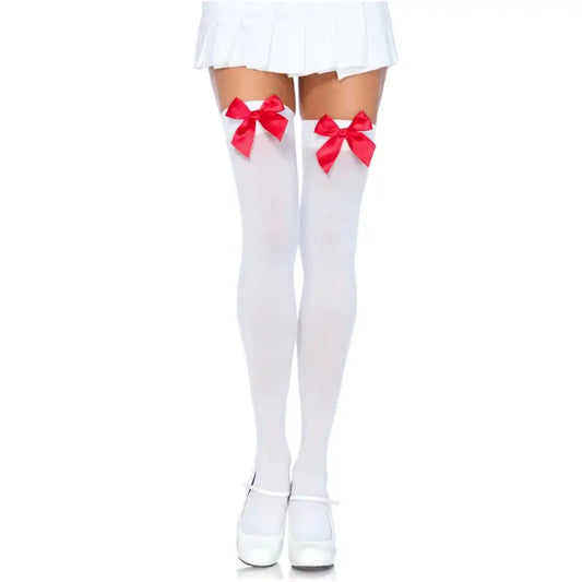 Leg Avenue Nylon Thigh Highs with Bow - White/Pink - Sexy Lingerie
