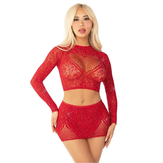 Leg Avenue Rhinestone Crop Top and Mini Skirt Red - Sexy Lingerie